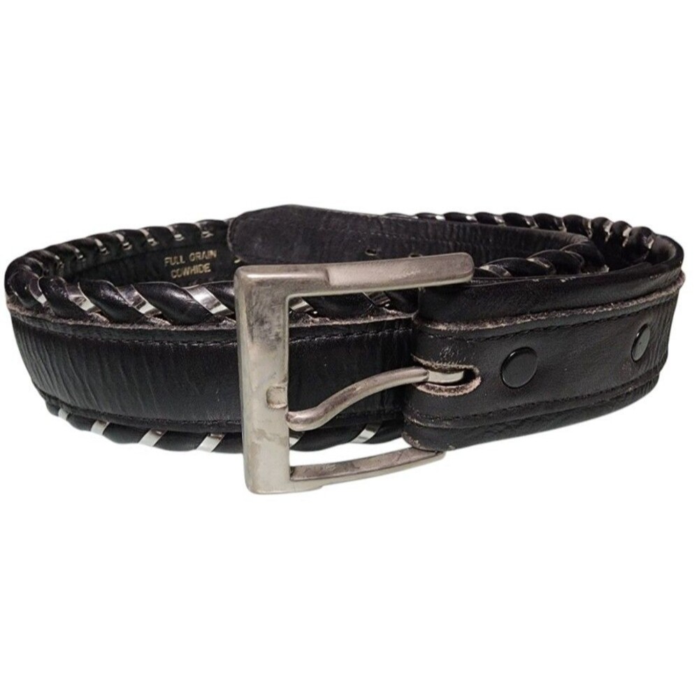 Dun Dee Black Western Leather Belt Full Grain Cowhide Silver Braid Trim Size 34